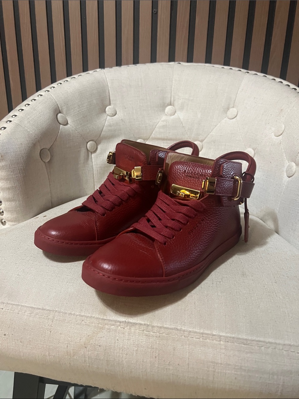 Buscemi Red Leather High-Top Sneakers with Gold Padlock Hardware